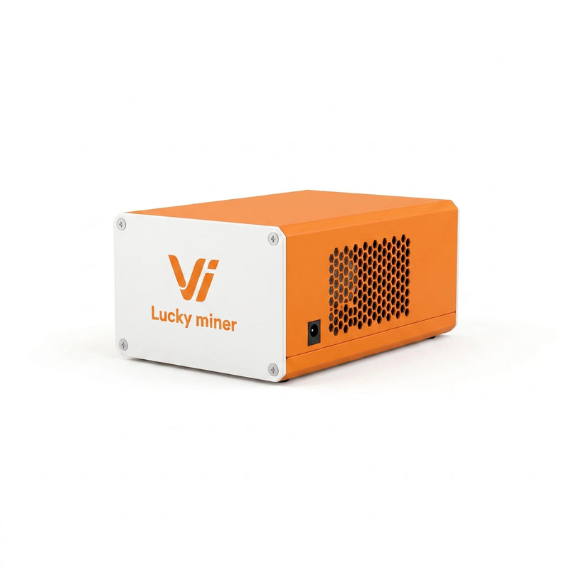 Lucky Miner LG07 yellow compact Scrypt ASIC miner — palm-sized 12W solo Dogecoin and Litecoin home miner, white background