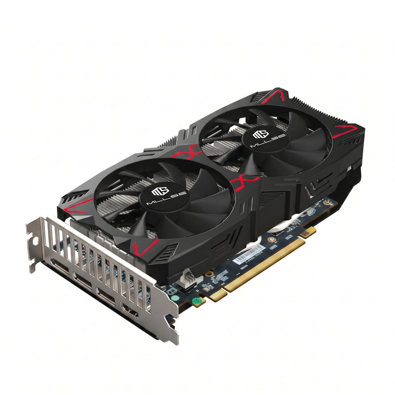The image features a MLLSE Radeon RX 5500 XT graphics card, showcasing its sleek black and red design, dual cooling fans, and PCIe connector.