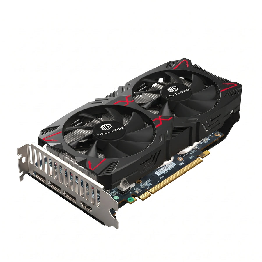 The image features a MLLSE Radeon RX 5500 XT graphics card, showcasing its sleek black and red design, dual cooling fans, and PCIe connector.