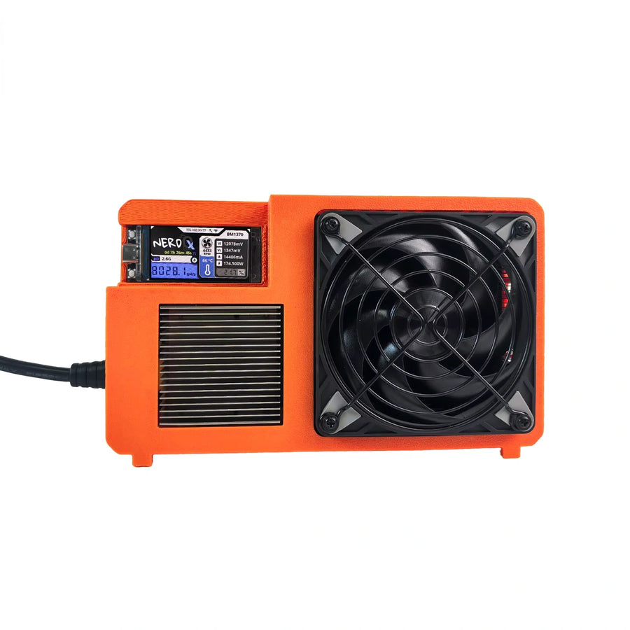 NerdQX open-source Bitcoin solo miner top view — 4× BM1370 chips, dedicated VREG heatsink, Arctic fans and LILYGO LCD display on horizontal PCB, white background