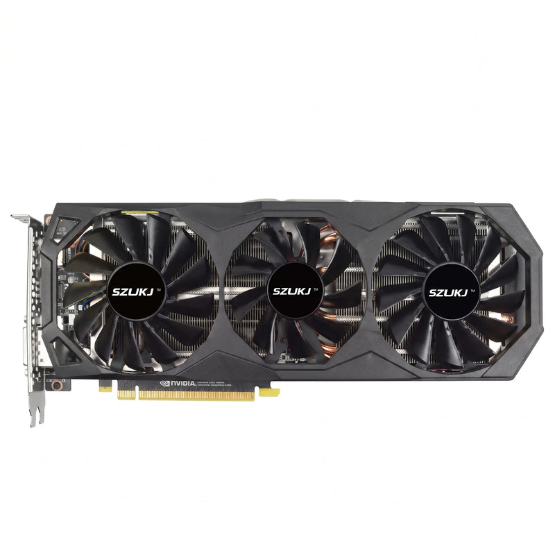 Graphics card with three fans labeled 'SZUKJ' on a white background