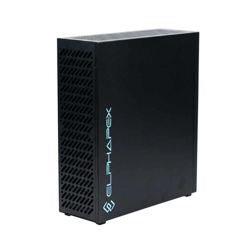 The image features a sleek black ASIC miner with the ELPHAPEX logo prominently displayed on the side in a glowing light blue. The device has a perforated design for ventilation, showcasing its modern and compact structure.