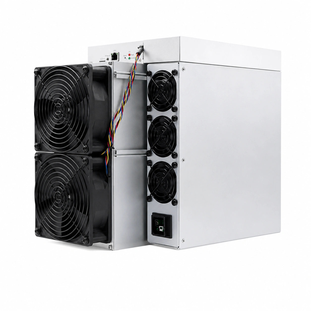 Antminer S21 151TH ASIC Bitcoin miner with dual high-speed cooling fans and integrated power supply on a white background.