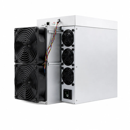 Antminer S21 151TH ASIC Bitcoin miner with dual high-speed cooling fans and integrated power supply on a white background.