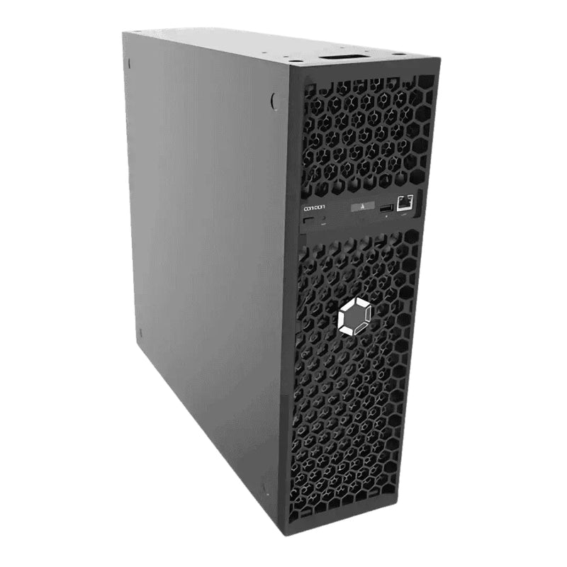 he Canaan Avalon Q 90 TH/s Bitcoin ASIC miner, a compact, home-use cryptocurrency mining device in a gray, PC-tower style case with a black honeycomb mesh front panel.
