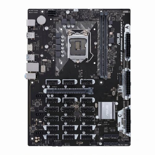 B250C BTC mining motherboard with 12 native USB 3.0 to PCIe x1 ports, LGA1151 socket and DDR4 DIMM slots for direct riser connection on 12 GPU crypto mining rigs