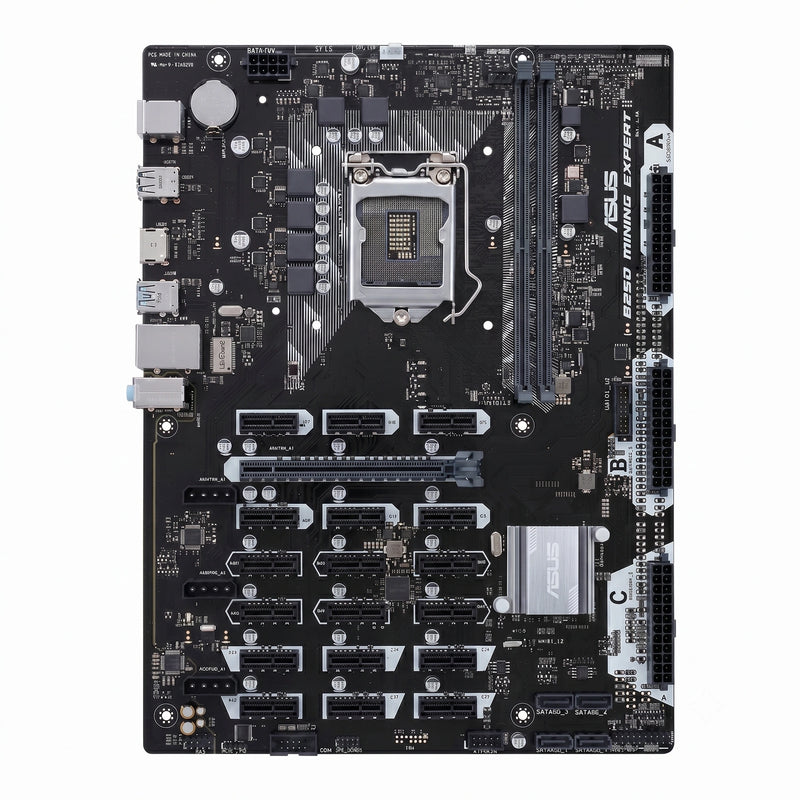 B250C BTC mining motherboard with 12 native USB 3.0 to PCIe x1 ports, LGA1151 socket and DDR4 DIMM slots for direct riser connection on 12 GPU crypto mining rigs