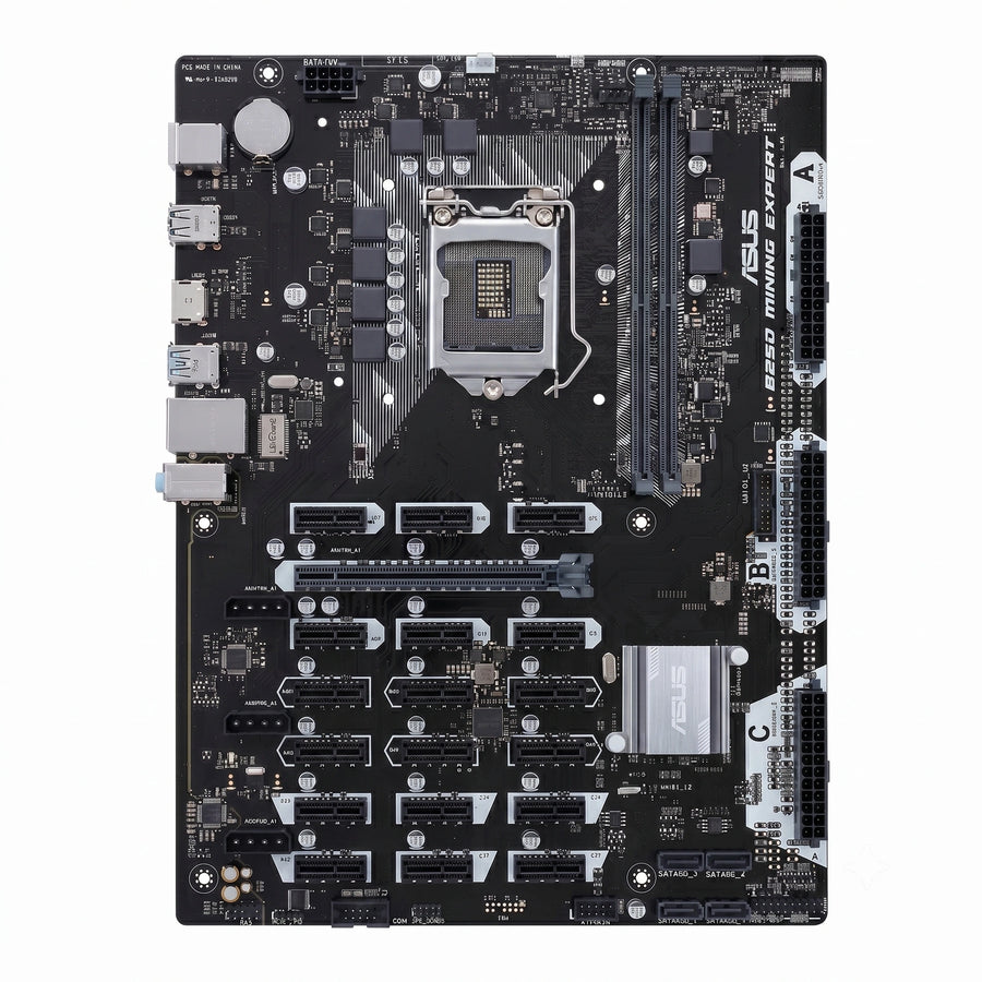 B250C BTC mining motherboard with 12 native USB 3.0 to PCIe x1 ports, LGA1151 socket and DDR4 DIMM slots for direct riser connection on 12 GPU crypto mining rigs