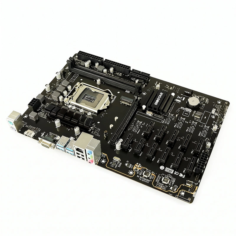 BIOSTAR TB360-BTC PRO 2.0 mining motherboard with 12 PCIe 3.0 slots, LGA1151 socket and DDR4 DIMM slots for 12 GPU Intel 8th and 9th Gen crypto mining rigs