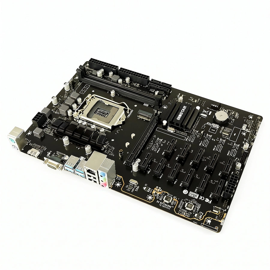 BIOSTAR TB360-BTC PRO 2.0 mining motherboard with 12 PCIe 3.0 slots, LGA1151 socket and DDR4 DIMM slots for 12 GPU Intel 8th and 9th Gen crypto mining rigs