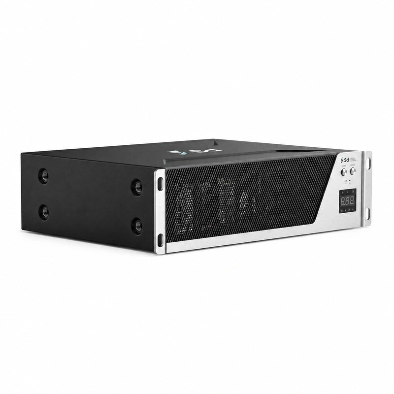 The Fluminer L1 Dogecoin and Litecoin ASIC miner, a compact and quiet cryptocurrency home mining machine in a black and silver tower case with a built-in digital display.