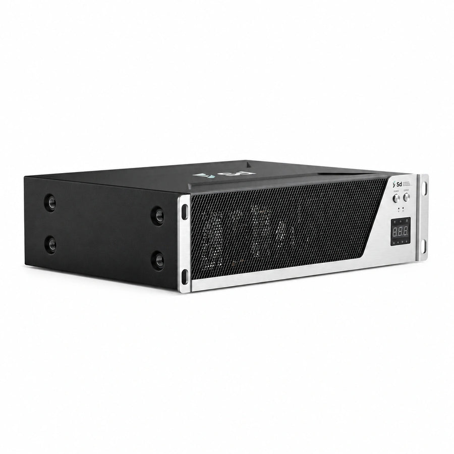 The Fluminer L1 Dogecoin and Litecoin ASIC miner, a compact and quiet cryptocurrency home mining machine in a black and silver tower case with a built-in digital display.