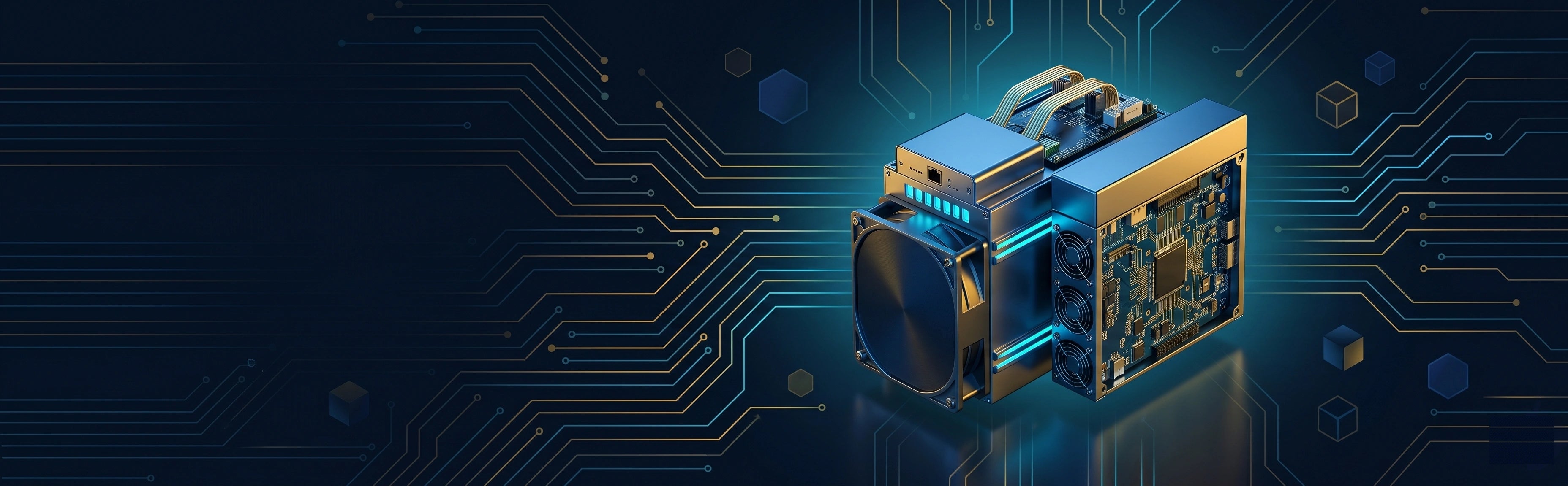 MinerHub crypto mining hardware hero — ASIC miner with glowing circuit board background, Australia