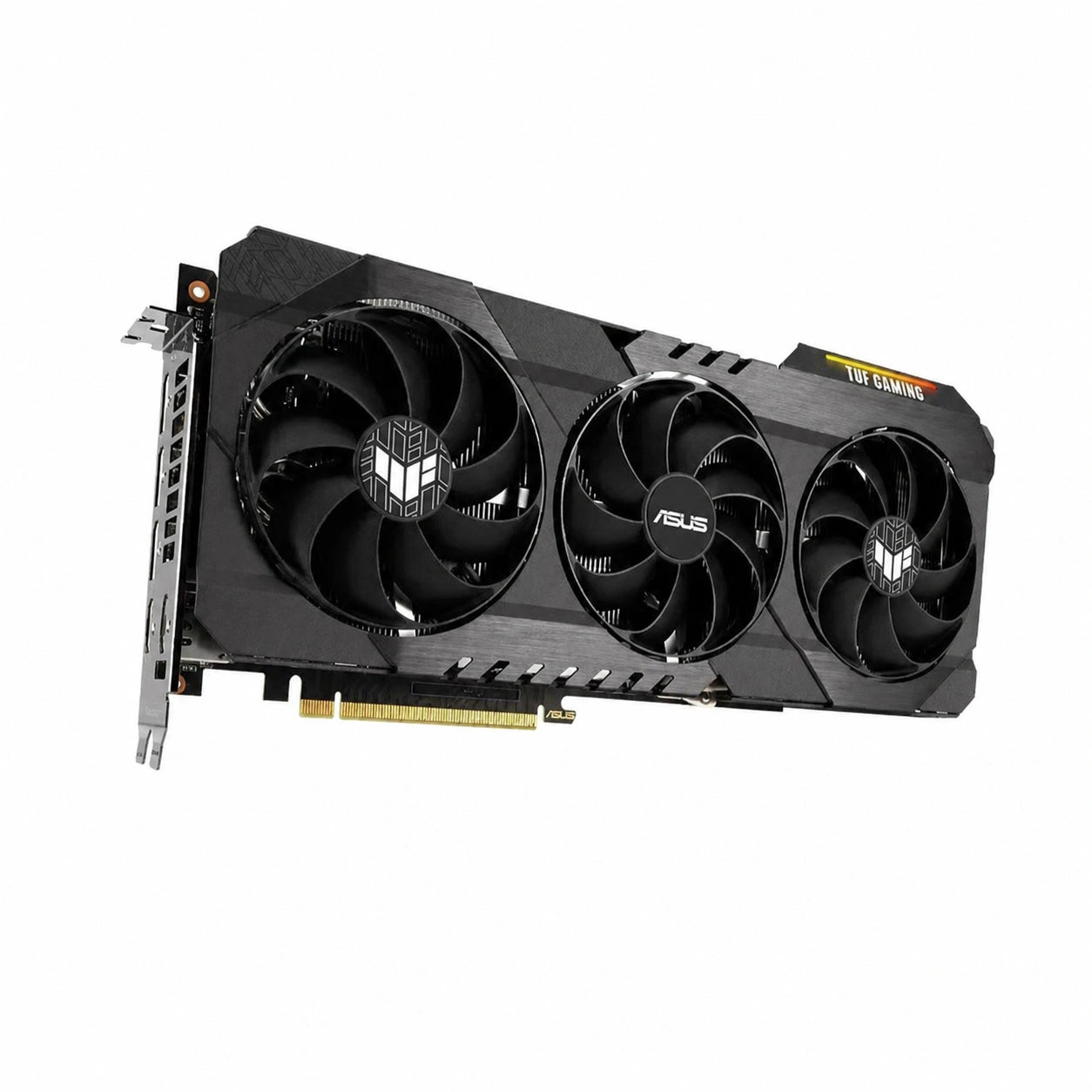 ASUS TUF Gaming RTX 3080 10GB GDDR6X graphics card front view showing triple Axial-tech fan cooler