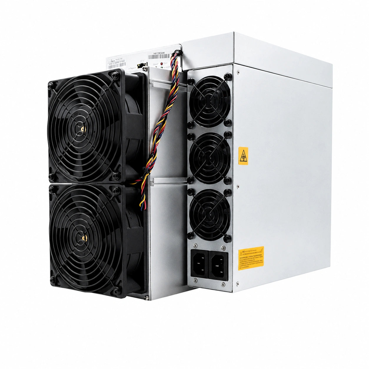 Bitmain Antminer S19 Pro BTC cryptocurrency miner shown at an angle on a white background, featuring a silver metal chassis, dual large cooling fans at the front, multiple rear exhaust fans, and integrated power supply connections.