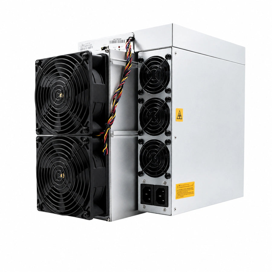 Bitmain Antminer S19 Pro BTC cryptocurrency miner shown at an angle on a white background, featuring a silver metal chassis, dual large cooling fans at the front, multiple rear exhaust fans, and integrated power supply connections.